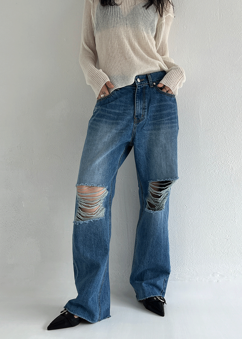 [unisex] check destroyed jeans